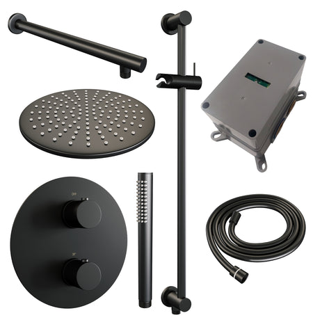 BRAUER Black Edition thermostatische inbouw regendouche 3-weg rond SET 86 met 30 cm douchekop en rechte muurarm en staaf handdouche en doucheslang en geïntegreerde glijstang mat zwart 5-S-280