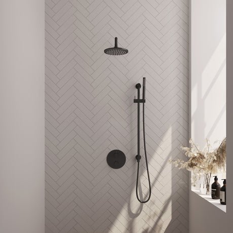 BRAUER Black Edition thermostatische inbouw regendouche 3-weg rond SET 87 met 20 cm douchekop en gebogen muurarm en staaf handdouche en doucheslang en geïntegreerde glijstang mat zwart 5-S-281