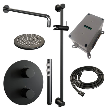 BRAUER Black Edition thermostatische inbouw regendouche 3-weg rond SET 87 met 20 cm douchekop en gebogen muurarm en staaf handdouche en doucheslang en geïntegreerde glijstang mat zwart 5-S-281