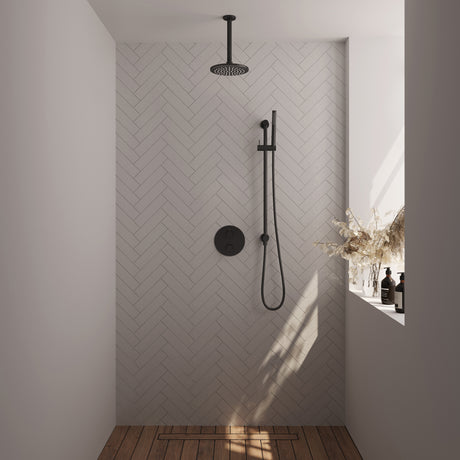 BRAUER Black Edition thermostatische inbouw regendouche 3-weg rond SET 89 met 20 cm douchekop en plafondarm en staaf handdouche en doucheslang en geïntegreerde glijstang mat zwart 5-S-283
