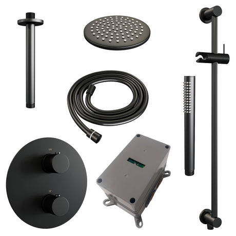 BRAUER Black Edition thermostatische inbouw regendouche 3-weg rond SET 89 met 20 cm douchekop en plafondarm en staaf handdouche en doucheslang en geïntegreerde glijstang mat zwart 5-S-283