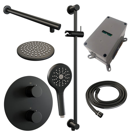 BRAUER Black Edition thermostatische inbouw regendouche 3-weg rond SET 91 met 20 cm douchekop en rechte muurarm en 3-standen handdouche en doucheslang en geïntegreerde glijstang mat zwart 5-S-285