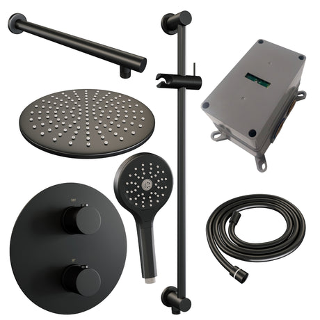 BRAUER Black Edition thermostatische inbouw regendouche 3-weg rond SET 92 met 30 cm douchekop en rechte muurarm en 3-standen handdouche en doucheslang en geïntegreerde glijstang mat zwart 5-S-286
