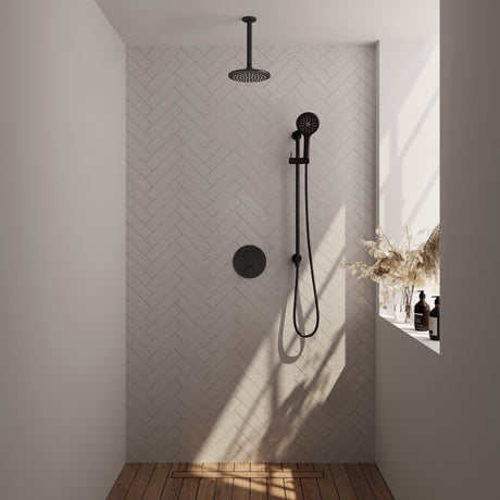 BRAUER Black Edition thermostatische inbouw regendouche 3-weg rond SET 95 met 20 cm douchekop en plafondarm en 3-standen handdouche en doucheslang en geïntegreerde glijstang mat zwart 5-S-289