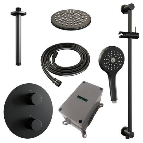 BRAUER Black Edition thermostatische inbouw regendouche 3-weg rond SET 95 met 20 cm douchekop en plafondarm en 3-standen handdouche en doucheslang en geïntegreerde glijstang mat zwart 5-S-289