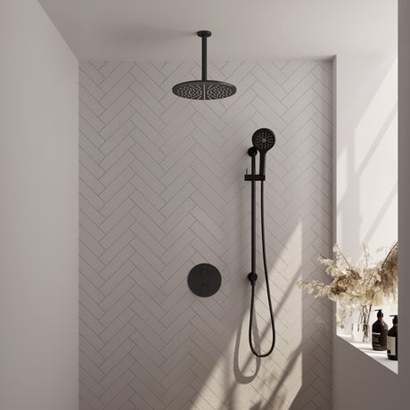 BRAUER Black Edition thermostatische inbouw regendouche 3-weg rond SET 96 met 30 cm douchekop en plafondarm en 3-standen handdouche en doucheslang en geïntegreerde glijstang mat zwart 5-S-290