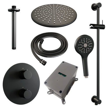 BRAUER Black Edition thermostatische inbouw regendouche 3-weg rond SET 96 met 30 cm douchekop en plafondarm en 3-standen handdouche en doucheslang en geïntegreerde glijstang mat zwart 5-S-290