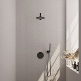 BRAUER Black Carving thermostatische inbouw regendouche 3-weg rond SET 73 met 20 cm douchekop en rechte muurarm en staaf handdouche en doucheslang en wandaansluitbocht mat zwart 5-S-291