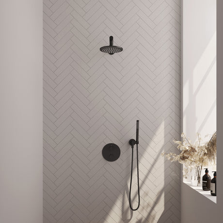 BRAUER Black Carving thermostatische inbouw regendouche 3-weg rond SET 73 met 20 cm douchekop en rechte muurarm en staaf handdouche en doucheslang en wandaansluitbocht mat zwart 5-S-291