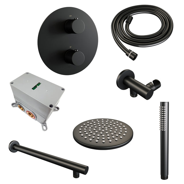 BRAUER Black Carving thermostatische inbouw regendouche 3-weg rond SET 73 met 20 cm douchekop en rechte muurarm en staaf handdouche en doucheslang en wandaansluitbocht mat zwart 5-S-291