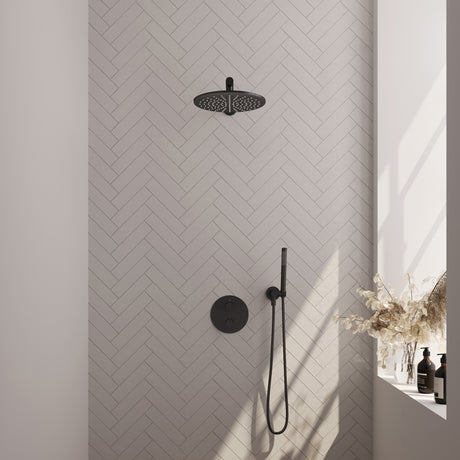 BRAUER Black Carving thermostatische inbouw regendouche 3-weg rond SET 74 met 30 cm douchekop en rechte muurarm en staaf handdouche en doucheslang en wandaansluitbocht mat zwart 5-S-292