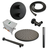 BRAUER Black Carving thermostatische inbouw regendouche 3-weg rond SET 74 met 30 cm douchekop en rechte muurarm en staaf handdouche en doucheslang en wandaansluitbocht mat zwart 5-S-292