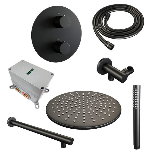 BRAUER Black Carving thermostatische inbouw regendouche 3-weg rond SET 74 met 30 cm douchekop en rechte muurarm en staaf handdouche en doucheslang en wandaansluitbocht mat zwart 5-S-292