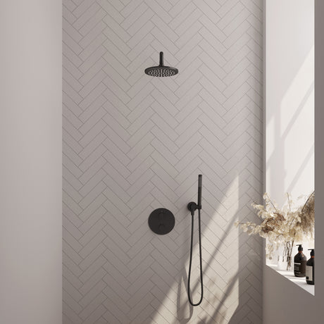 BRAUER Black Carving thermostatische inbouw regendouche 3-weg rond SET 75 met 20 cm douchekop en gebogen muurarm en staaf handdouche en doucheslang en wandaansluitbocht mat zwart 5-S-293
