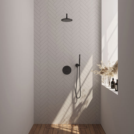 BRAUER Black Carving thermostatische inbouw regendouche 3-weg rond SET 75 met 20 cm douchekop en gebogen muurarm en staaf handdouche en doucheslang en wandaansluitbocht mat zwart 5-S-293