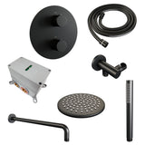 BRAUER Black Carving thermostatische inbouw regendouche 3-weg rond SET 75 met 20 cm douchekop en gebogen muurarm en staaf handdouche en doucheslang en wandaansluitbocht mat zwart 5-S-293