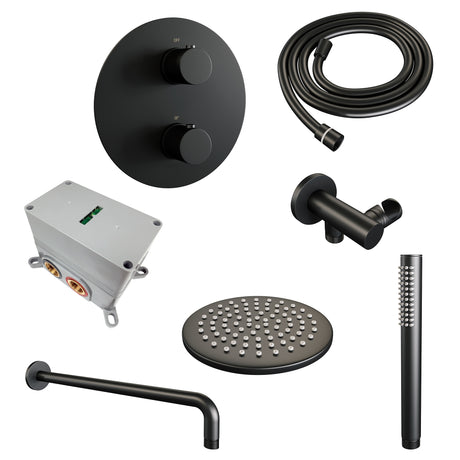 BRAUER Black Carving thermostatische inbouw regendouche 3-weg rond SET 75 met 20 cm douchekop en gebogen muurarm en staaf handdouche en doucheslang en wandaansluitbocht mat zwart 5-S-293
