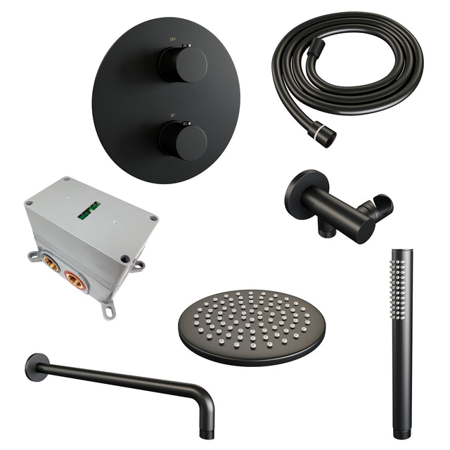 BRAUER Black Carving thermostatische inbouw regendouche 3-weg rond SET 75 met 20 cm douchekop en gebogen muurarm en staaf handdouche en doucheslang en wandaansluitbocht mat zwart 5-S-293