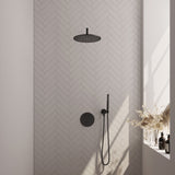 BRAUER Black Carving thermostatische inbouw regendouche 3-weg rond SET 76 met 30 cm douchekop en gebogen muurarm en staaf handdouche en doucheslang en wandaansluitbocht mat zwart 5-S-294
