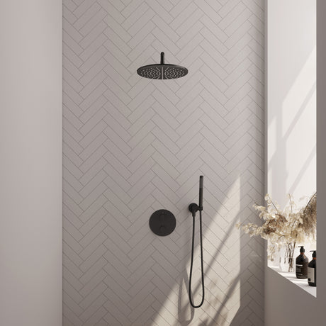 BRAUER Black Carving thermostatische inbouw regendouche 3-weg rond SET 76 met 30 cm douchekop en gebogen muurarm en staaf handdouche en doucheslang en wandaansluitbocht mat zwart 5-S-294