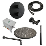 BRAUER Black Carving thermostatische inbouw regendouche 3-weg rond SET 76 met 30 cm douchekop en gebogen muurarm en staaf handdouche en doucheslang en wandaansluitbocht mat zwart 5-S-294