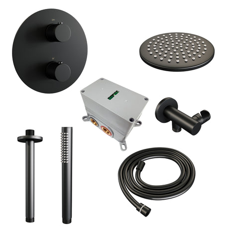 BRAUER Black Carving thermostatische inbouw regendouche 3-weg rond SET 77 met 20 cm douchekop en plafondarm en staaf handdouche en doucheslang en wandaansluitbocht mat zwart 5-S-295