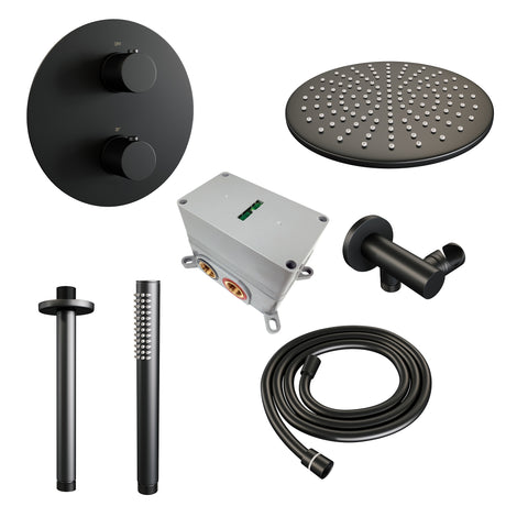 BRAUER Black Carving thermostatische inbouw regendouche 3-weg rond SET 78 met 30 cm douchekop en plafondarm en staaf handdouche en doucheslang en wandaansluitbocht mat zwart 5-S-296