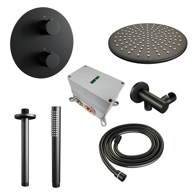 BRAUER Black Carving thermostatische inbouw regendouche 3-weg rond SET 78 met 30 cm douchekop en plafondarm en staaf handdouche en doucheslang en wandaansluitbocht mat zwart 5-S-296
