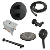 BRAUER Black Carving thermostatische inbouw regendouche 3-weg rond SET 79 met 20 cm douchekop en rechte muurarm en 3-standen handdouche en doucheslang en wandaansluitbocht mat zwart 5-S-297