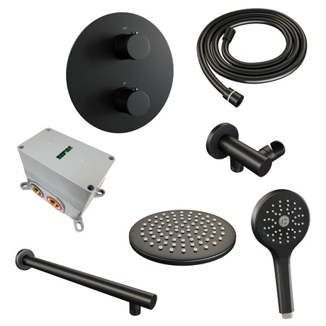 BRAUER Black Carving thermostatische inbouw regendouche 3-weg rond SET 79 met 20 cm douchekop en rechte muurarm en 3-standen handdouche en doucheslang en wandaansluitbocht mat zwart 5-S-297