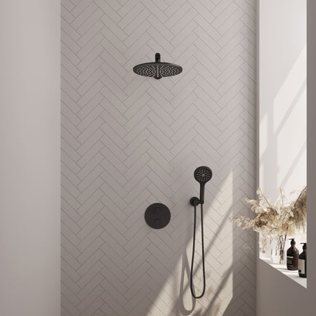 BRAUER Black Carving thermostatische inbouw regendouche 3-weg rond SET 80 met 30 cm douchekop en rechte muurarm en 3-standen handdouche en doucheslang en wandaansluitbocht mat zwart 5-S-298