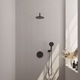 BRAUER Black Carving thermostatische inbouw regendouche 3-weg rond SET 81 met 20 cm douchekop en gebogen muurarm en 3-standen handdouche en doucheslang en wandaansluitbocht mat zwart 5-S-299