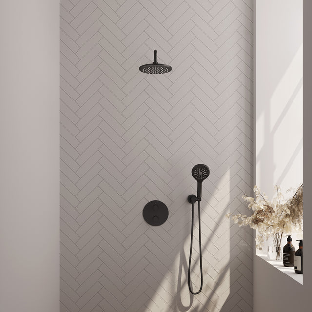 BRAUER Black Carving thermostatische inbouw regendouche 3-weg rond SET 81 met 20 cm douchekop en gebogen muurarm en 3-standen handdouche en doucheslang en wandaansluitbocht mat zwart 5-S-299