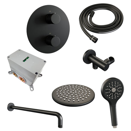BRAUER Black Carving thermostatische inbouw regendouche 3-weg rond SET 81 met 20 cm douchekop en gebogen muurarm en 3-standen handdouche en doucheslang en wandaansluitbocht mat zwart 5-S-299