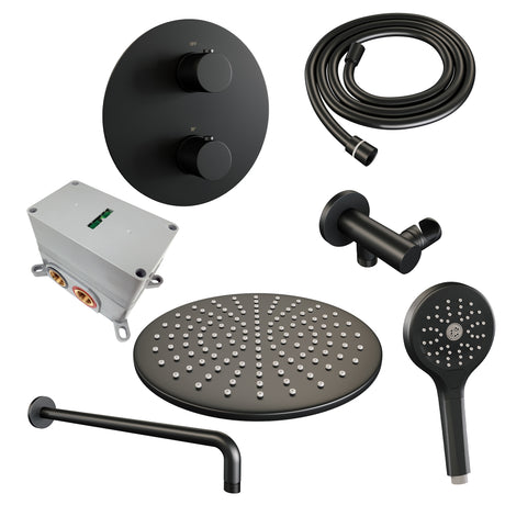 BRAUER Black Carving thermostatische inbouw regendouche 3-weg rond SET 82 met 30 cm douchekop en gebogen muurarm en 3-standen handdouche en doucheslang en wandaansluitbocht mat zwart 5-S-300