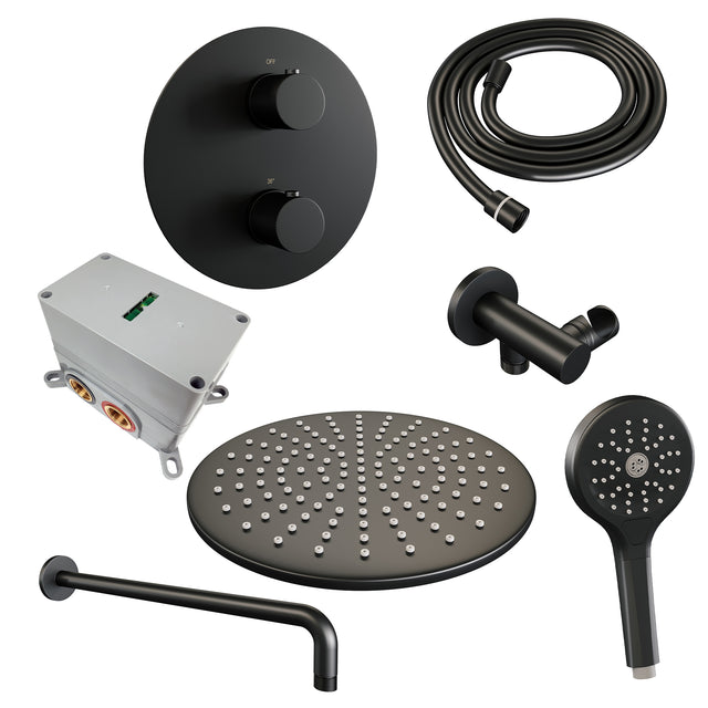 BRAUER Black Carving thermostatische inbouw regendouche 3-weg rond SET 82 met 30 cm douchekop en gebogen muurarm en 3-standen handdouche en doucheslang en wandaansluitbocht mat zwart 5-S-300