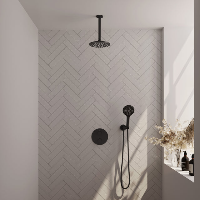 BRAUER Black Carving thermostatische inbouw regendouche 3-weg rond SET 83 met 20 cm douchekop en plafondarm en 3-standen handdouche en doucheslang en wandaansluitbocht mat zwart 5-S-301