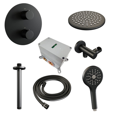 BRAUER Black Carving thermostatische inbouw regendouche 3-weg rond SET 83 met 20 cm douchekop en plafondarm en 3-standen handdouche en doucheslang en wandaansluitbocht mat zwart 5-S-301