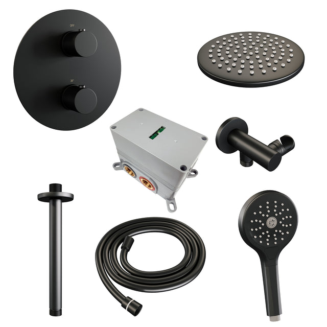 BRAUER Black Carving thermostatische inbouw regendouche 3-weg rond SET 83 met 20 cm douchekop en plafondarm en 3-standen handdouche en doucheslang en wandaansluitbocht mat zwart 5-S-301