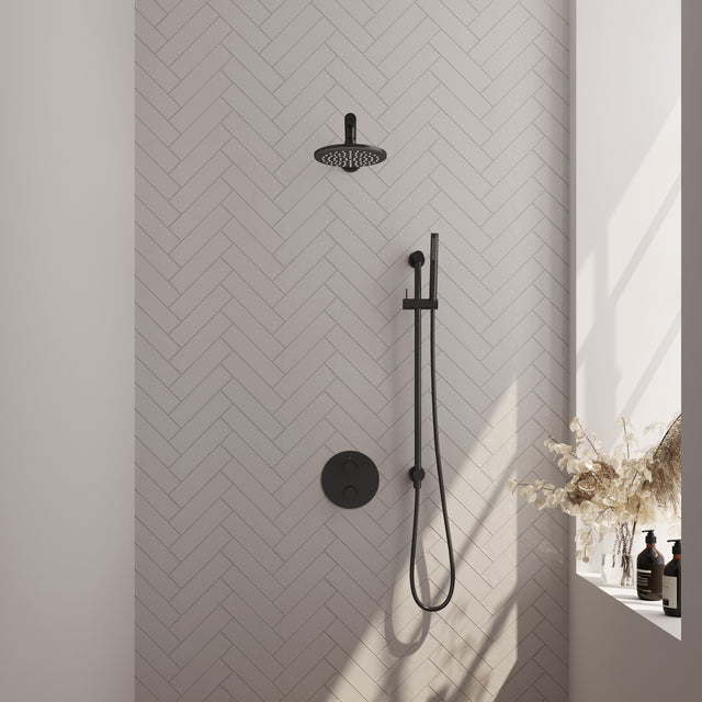BRAUER Black Carving thermostatische inbouw regendouche 3-weg rond SET 85 met 20 cm douchekop en rechte muurarm en staaf handdouche en doucheslang en geïntegreerde glijstang mat zwart 5-S-303