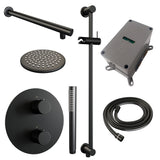 BRAUER Black Carving thermostatische inbouw regendouche 3-weg rond SET 85 met 20 cm douchekop en rechte muurarm en staaf handdouche en doucheslang en geïntegreerde glijstang mat zwart 5-S-303
