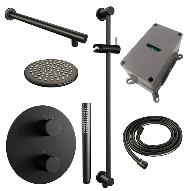 BRAUER Black Carving thermostatische inbouw regendouche 3-weg rond SET 85 met 20 cm douchekop en rechte muurarm en staaf handdouche en doucheslang en geïntegreerde glijstang mat zwart 5-S-303