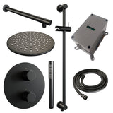 BRAUER Black Carving thermostatische inbouw regendouche 3-weg rond SET 86 met 30 cm douchekop en rechte muurarm en staaf handdouche en doucheslang en geïntegreerde glijstang mat zwart 5-S-304