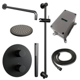 BRAUER Black Carving thermostatische inbouw regendouche 3-weg rond SET 87 met 20 cm douchekop en gebogen muurarm en staaf handdouche en doucheslang en geïntegreerde glijstang mat zwart 5-S-305