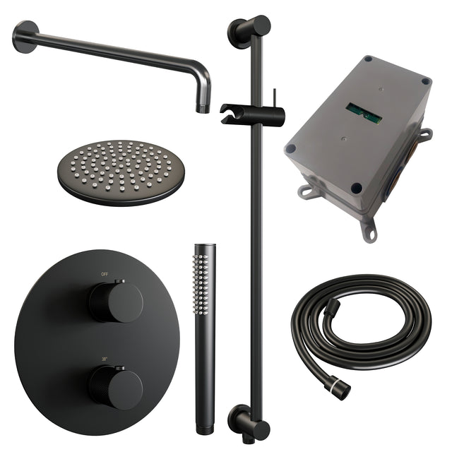 BRAUER Black Carving thermostatische inbouw regendouche 3-weg rond SET 87 met 20 cm douchekop en gebogen muurarm en staaf handdouche en doucheslang en geïntegreerde glijstang mat zwart 5-S-305