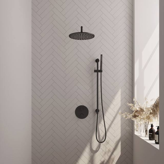 BRAUER Black Carving thermostatische inbouw regendouche 3-weg rond SET 88 met 30 cm douchekop en gebogen muurarm en staaf handdouche en doucheslang en geïntegreerde glijstang mat zwart 5-S-306