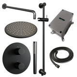 BRAUER Black Carving thermostatische inbouw regendouche 3-weg rond SET 88 met 30 cm douchekop en gebogen muurarm en staaf handdouche en doucheslang en geïntegreerde glijstang mat zwart 5-S-306