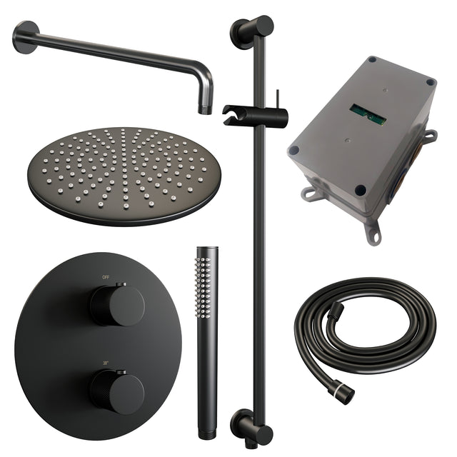 BRAUER Black Carving thermostatische inbouw regendouche 3-weg rond SET 88 met 30 cm douchekop en gebogen muurarm en staaf handdouche en doucheslang en geïntegreerde glijstang mat zwart 5-S-306