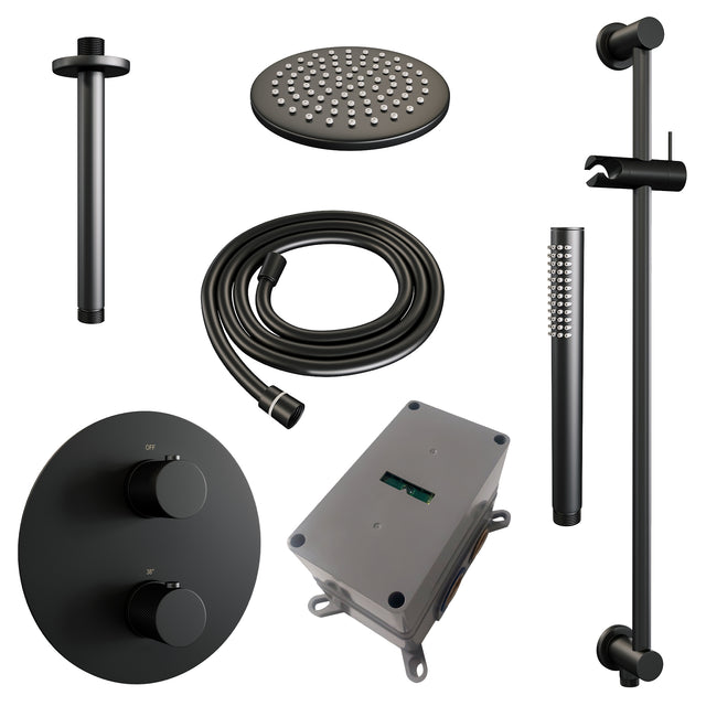 BRAUER Black Carving thermostatische inbouw regendouche 3-weg rond SET 89 met 20 cm douchekop en plafondarm en staaf handdouche en doucheslang en geïntegreerde glijstang mat zwart 5-S-307