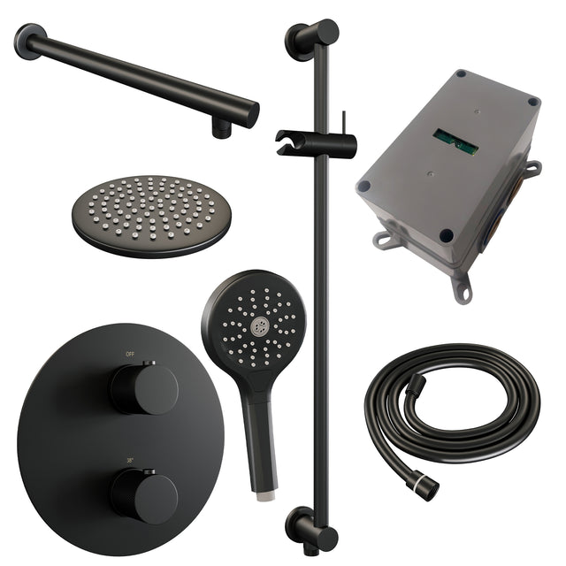 BRAUER Black Carving thermostatische inbouw regendouche 3-weg rond SET 91 met 20 cm douchekop en rechte muurarm en 3-standen handdouche en doucheslang en geïntegreerde glijstang mat zwart 5-S-309